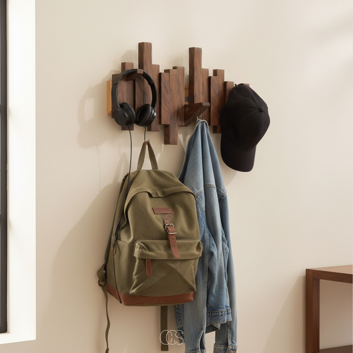 Houten wandkapstok „Piano” met inklapbare haken – hal & slaapkamer