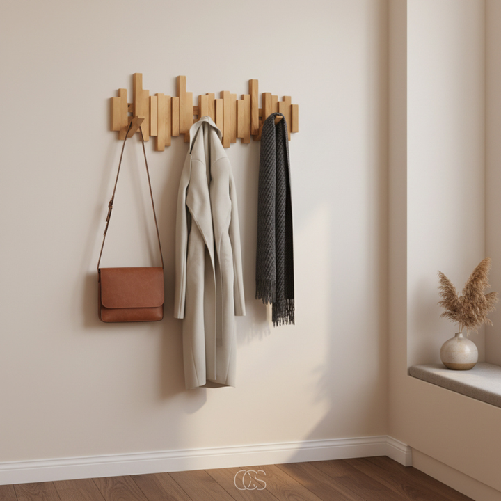 Houten wandkapstok „Piano” met inklapbare haken – hal & slaapkamer