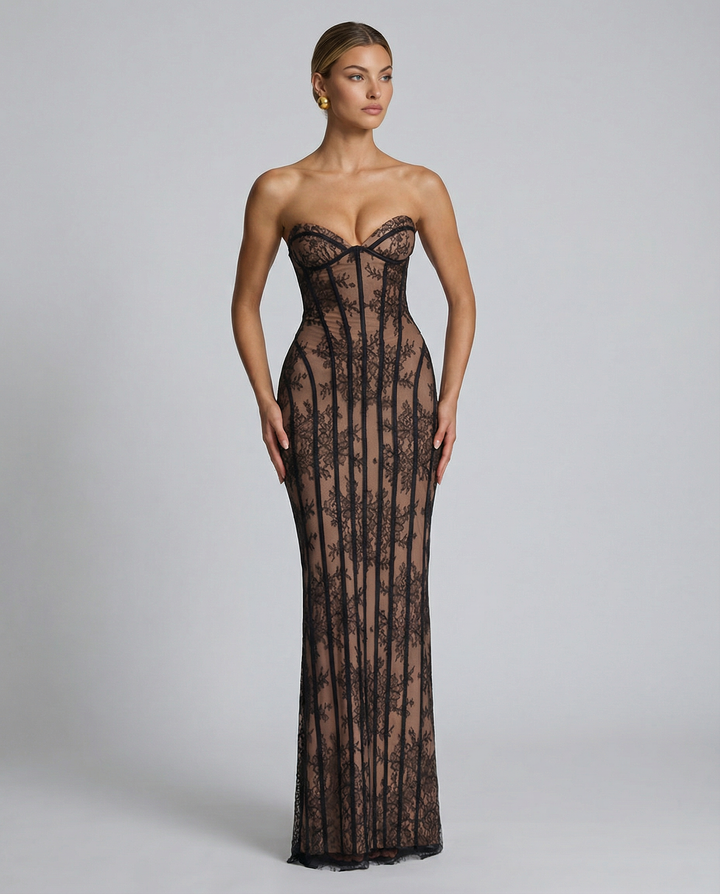 Strapless maxi-jurk met bloemenkant en korset