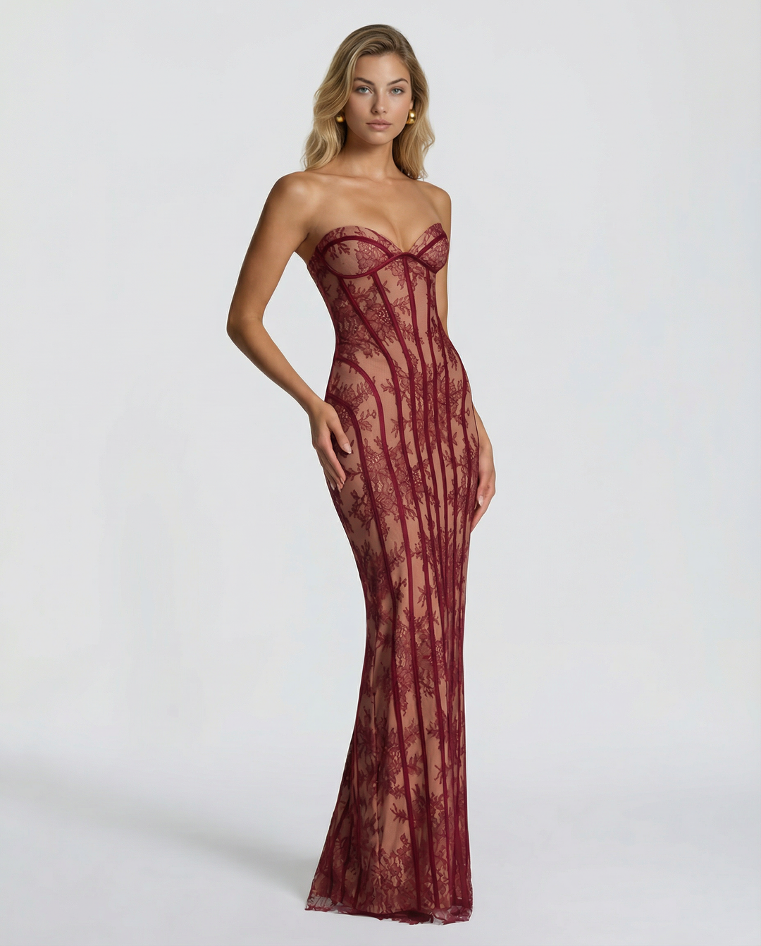 Strapless maxi-jurk met bloemenkant en korset