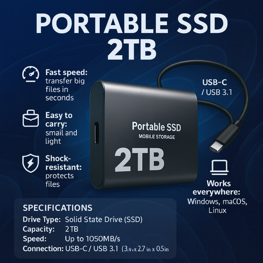 Externe SSD van 2TB voor snelle bestandsopslag en -overdracht