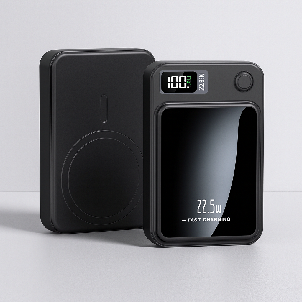 Draagbare powerbank van 20.000 mAh met 22,5 W snelladen en draadloos opladen.