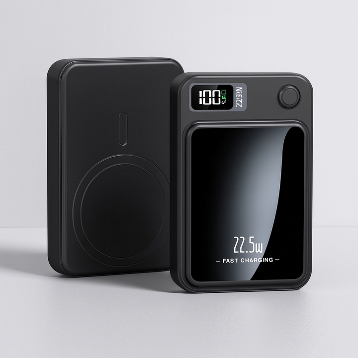 Draagbare powerbank van 20.000 mAh met 22,5 W snelladen en draadloos opladen.