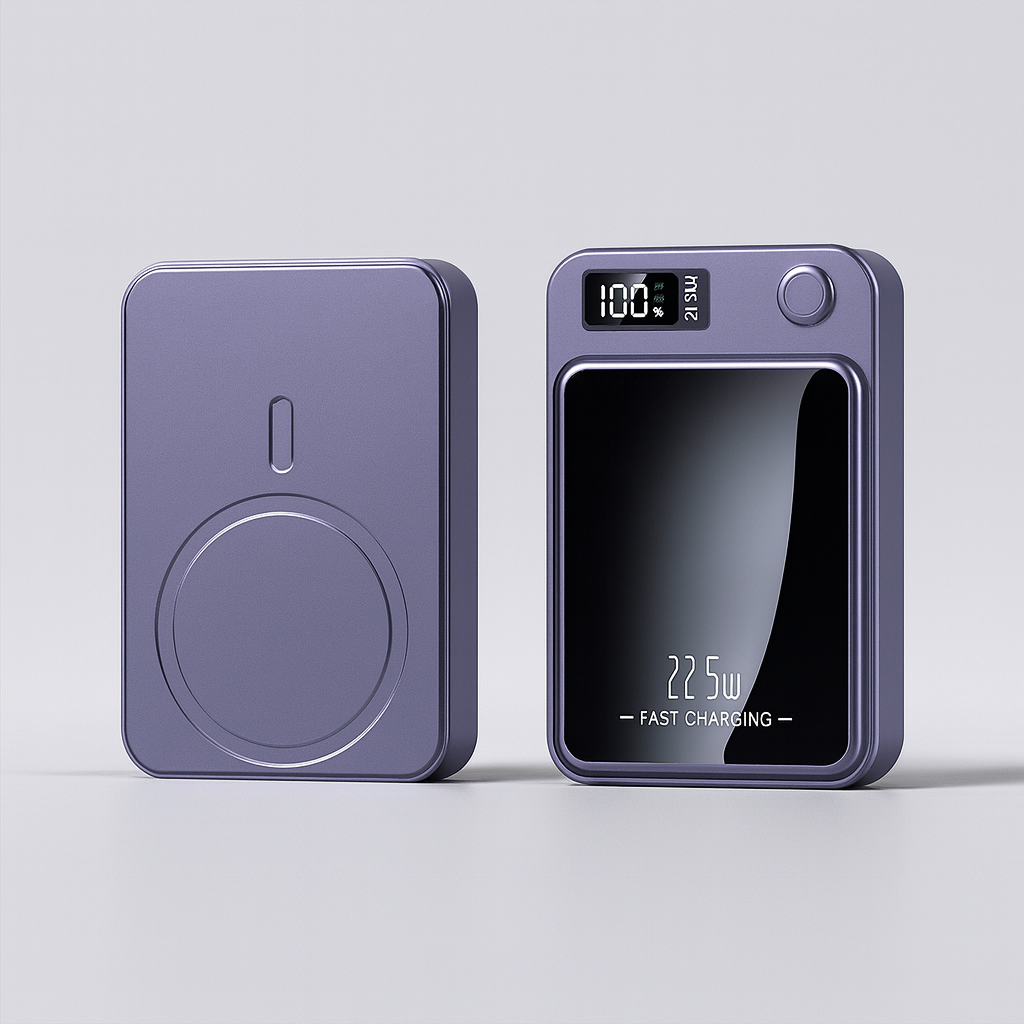 Draagbare powerbank van 20.000 mAh met 22,5 W snelladen en draadloos opladen.