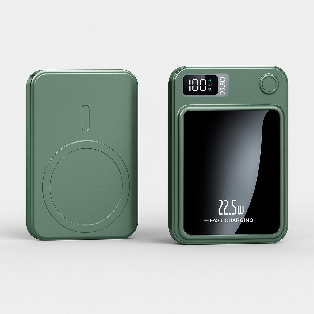 Draagbare powerbank van 20.000 mAh met 22,5 W snelladen en draadloos opladen.