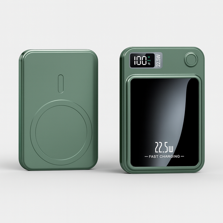 Draagbare powerbank van 20.000 mAh met 22,5 W snelladen en draadloos opladen.