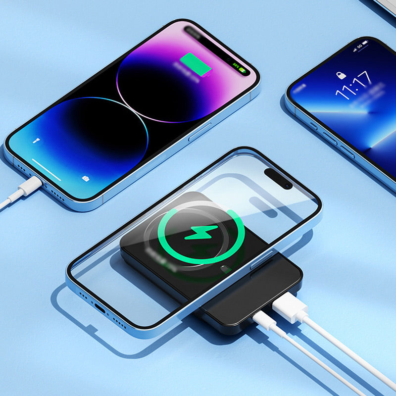 Draagbare powerbank van 20.000 mAh met 22,5 W snelladen en draadloos opladen.