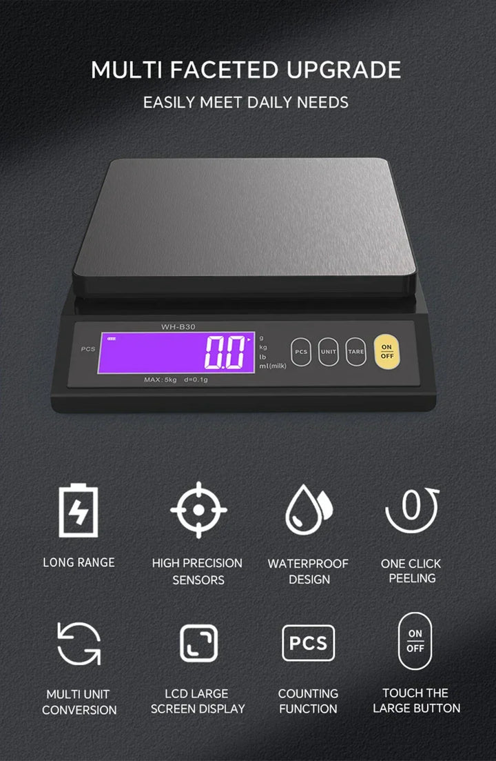 Elektronische Digitale Keukenweegschaal 5 kg/0,1 g en 10 kg/1 g, LCD-scherm, volledig waterdicht roestvrijstalen keukengereedschap