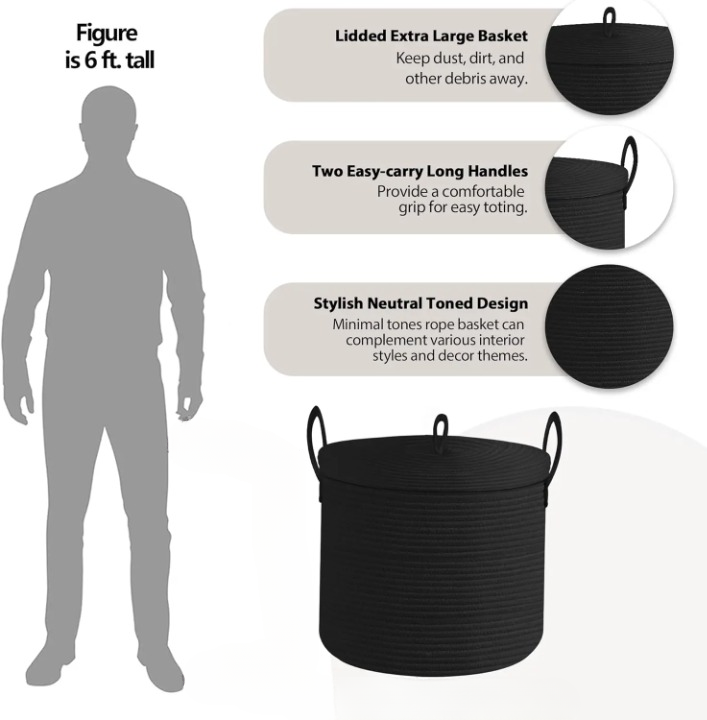 Grote zwarte opbergmand van katoenen touw met deksel – Selwyn