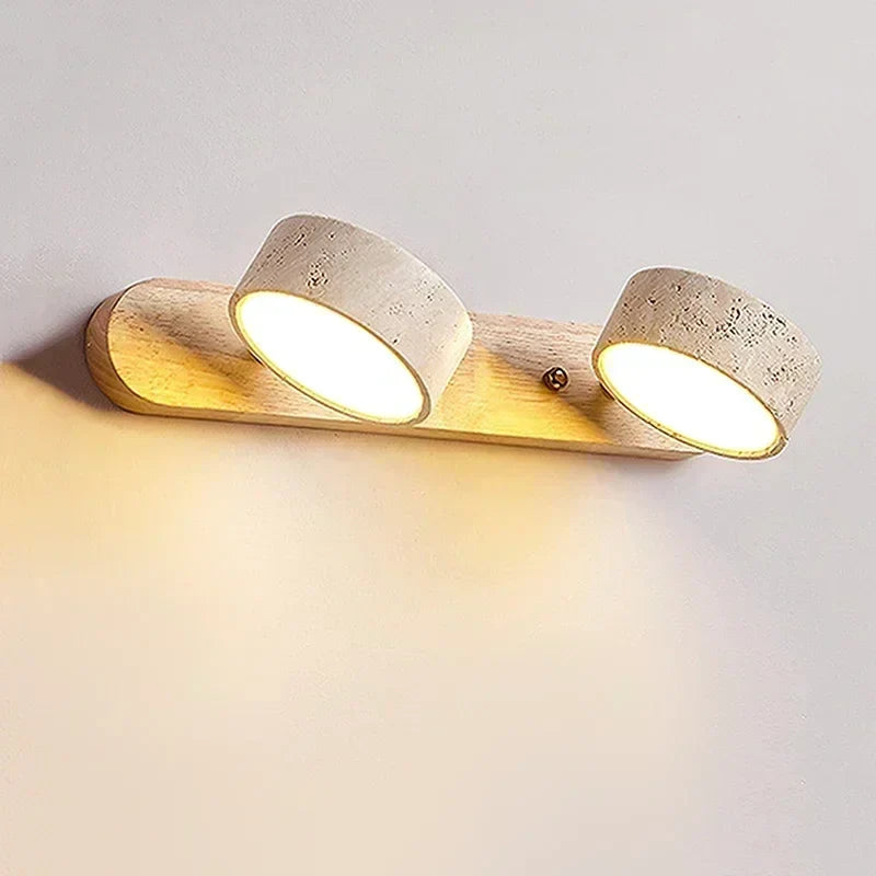 Moderne LED Wandlamp met Draaibare Kappen van Steen en Houten Voet
