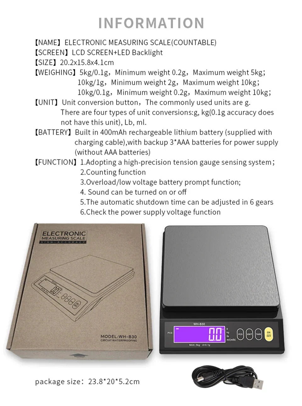 Elektronische Digitale Keukenweegschaal 5 kg/0,1 g en 10 kg/1 g, LCD-scherm, volledig waterdicht roestvrijstalen keukengereedschap