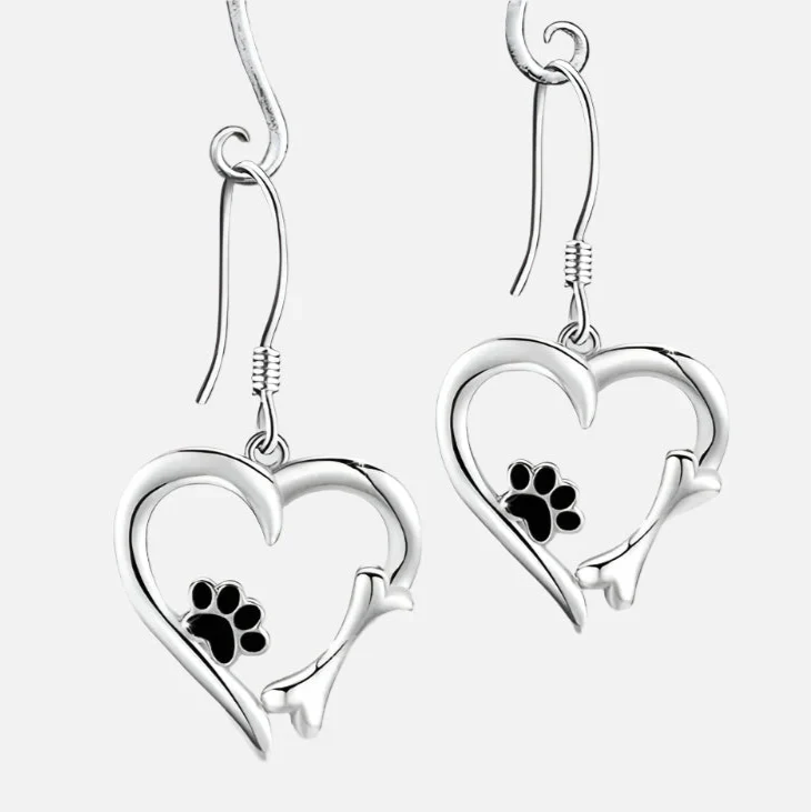 Zilveren Dangle Oorbellen met Hart & Poot Ontwerp