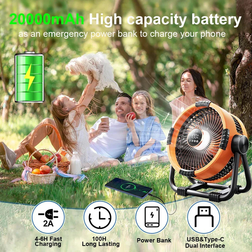 Campingventilator met 20000mAh accu, ledlicht & afstandsbediening – WindMate