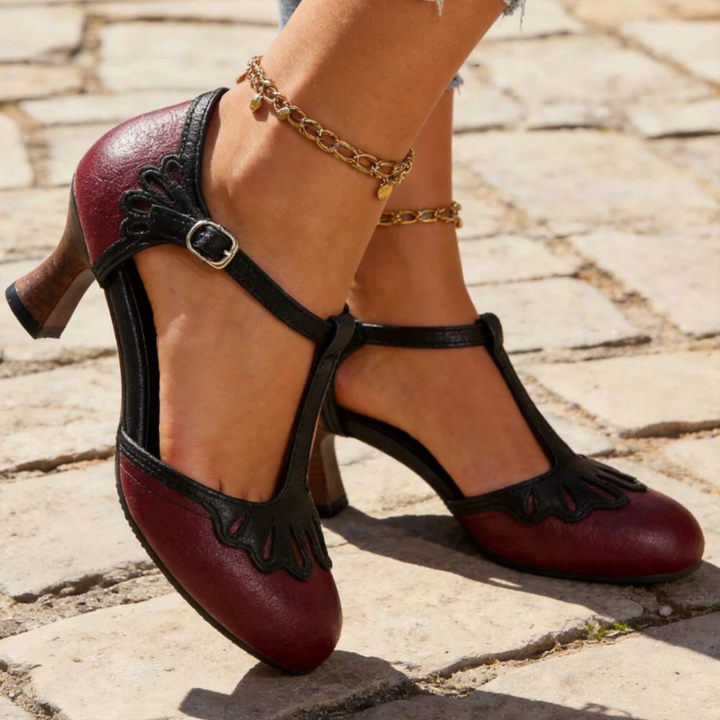 Vintage T-bandpumps voor dames – middelhoge blokhak, elegant-casual schoenen