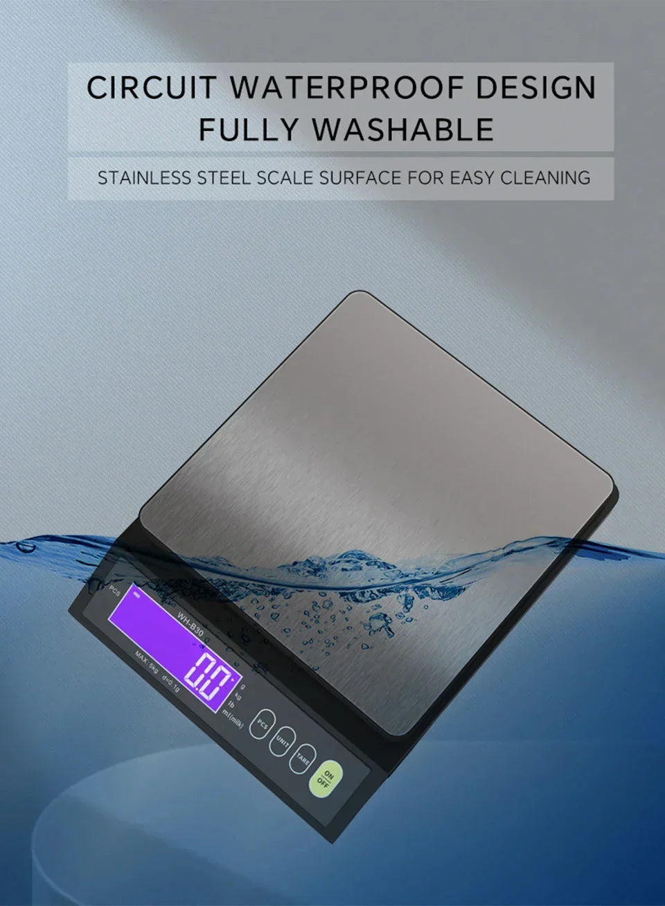 Elektronische Digitale Keukenweegschaal 5 kg/0,1 g en 10 kg/1 g, LCD-scherm, volledig waterdicht roestvrijstalen keukengereedschap