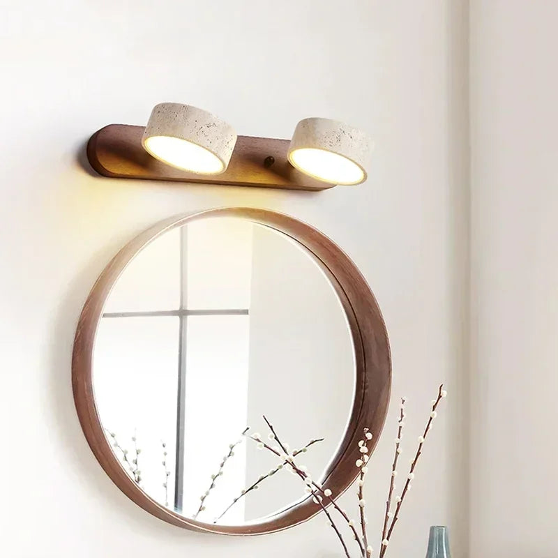 Moderne LED Wandlamp met Draaibare Kappen van Steen en Houten Voet