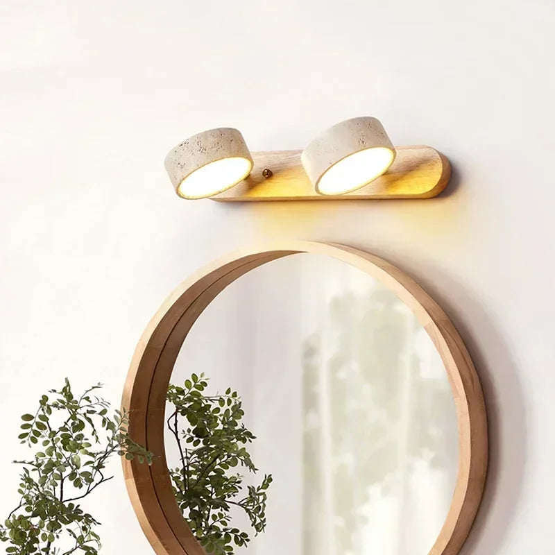Moderne LED Wandlamp met Draaibare Kappen van Steen en Houten Voet