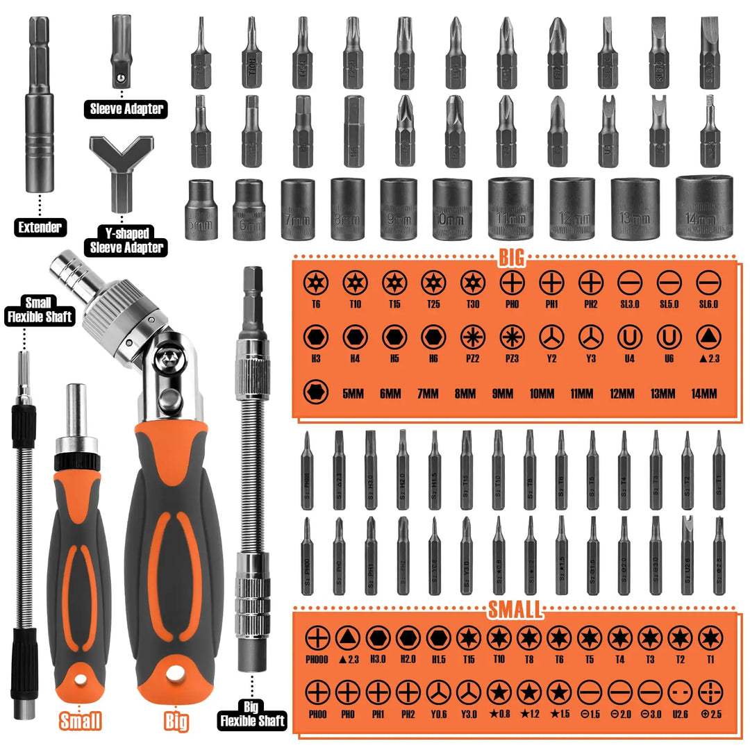68-in-1 Ratsleutelschroevendraaierset met Magnetische Bits & Verlengstuk – FortiDrive