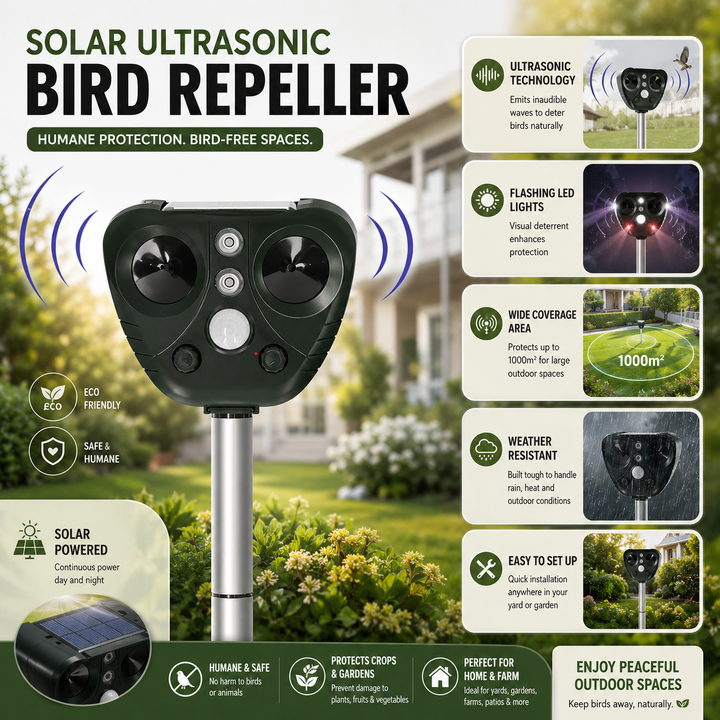 Ultrasone vogelverschrikker op zonne-energie voor bescherming van tuin en erf