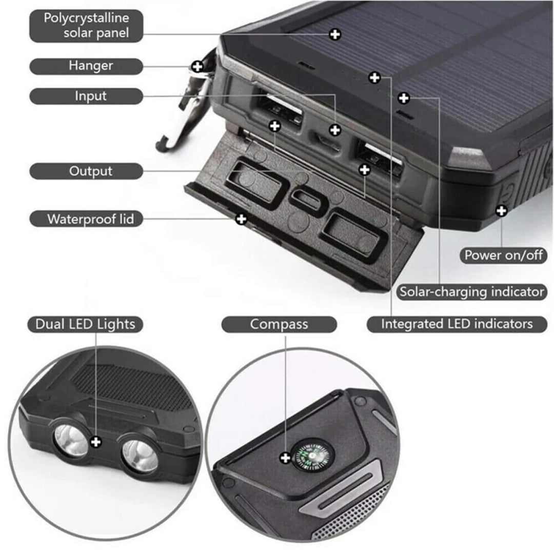Draagbare solar powerbank, grote capaciteit, dubbele USB-oplader 20000mAh