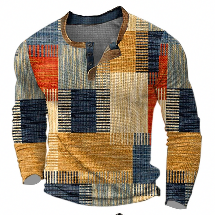 Heren henley-sweatshirt met knoopsluiting en geometrisch motief
