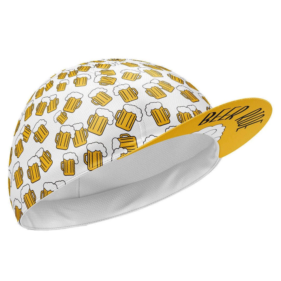 Witte wielrenpet met bierthema en grafisch bedrukte klep