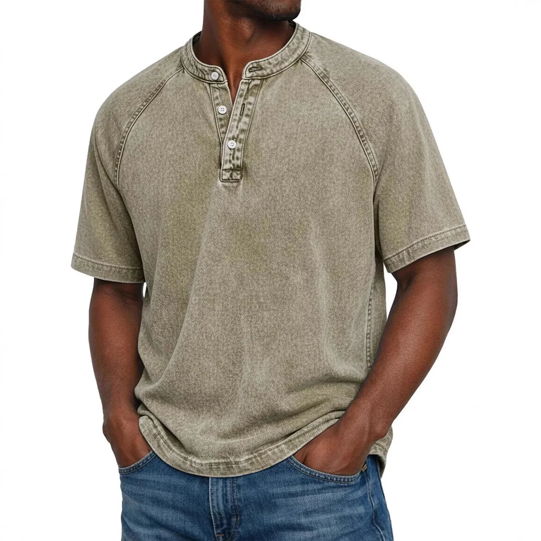 Heren henley met korte mouwen | Vintage gewassen T-shirt met knoopsluiting
