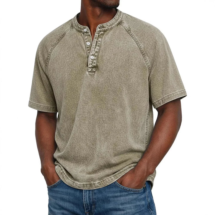Heren henley met korte mouwen | Vintage gewassen T-shirt met knoopsluiting