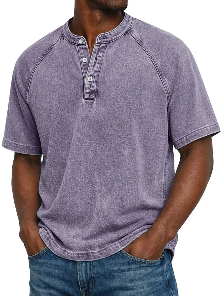 Heren henley met korte mouwen | Vintage gewassen T-shirt met knoopsluiting