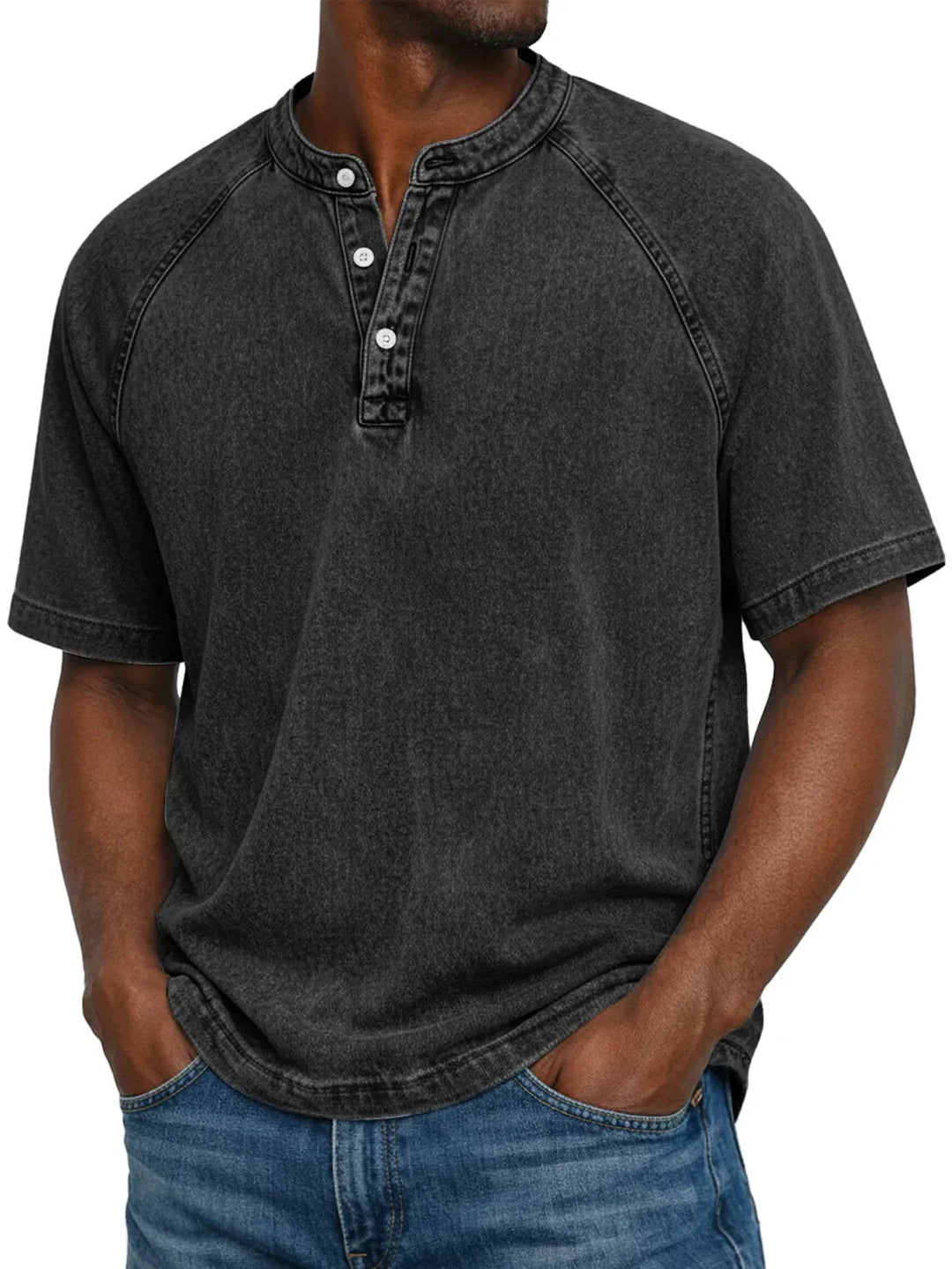 Heren henley met korte mouwen | Vintage gewassen T-shirt met knoopsluiting