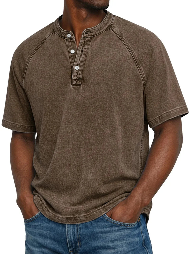 Heren henley met korte mouwen | Vintage gewassen T-shirt met knoopsluiting