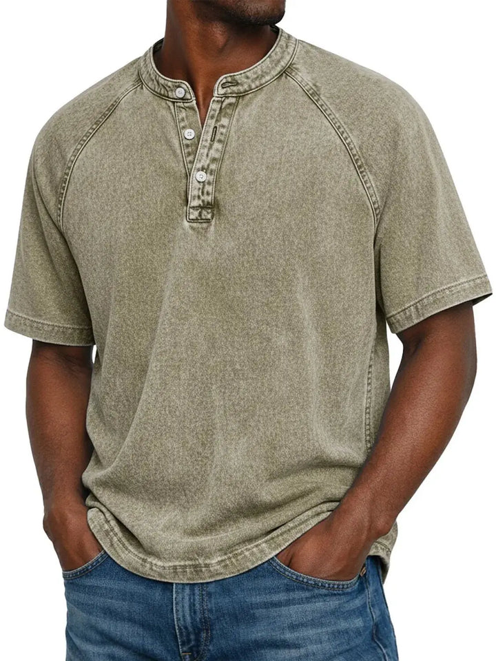 Heren henley met korte mouwen | Vintage gewassen T-shirt met knoopsluiting