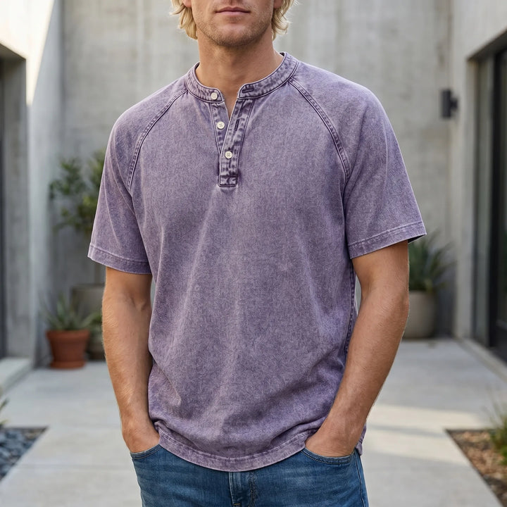Heren henley met korte mouwen | Vintage gewassen T-shirt met knoopsluiting