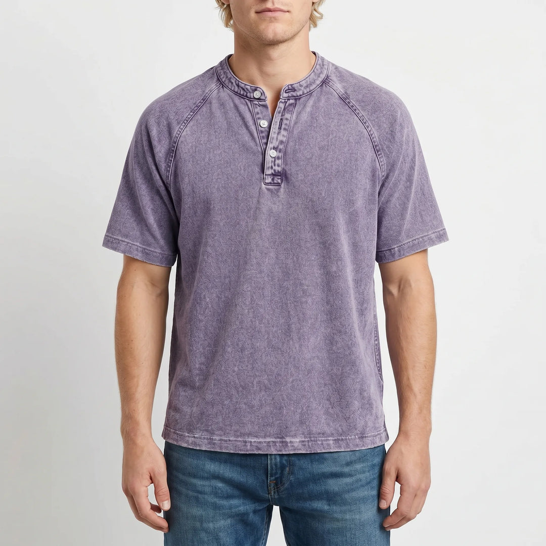 Heren henley met korte mouwen | Vintage gewassen T-shirt met knoopsluiting