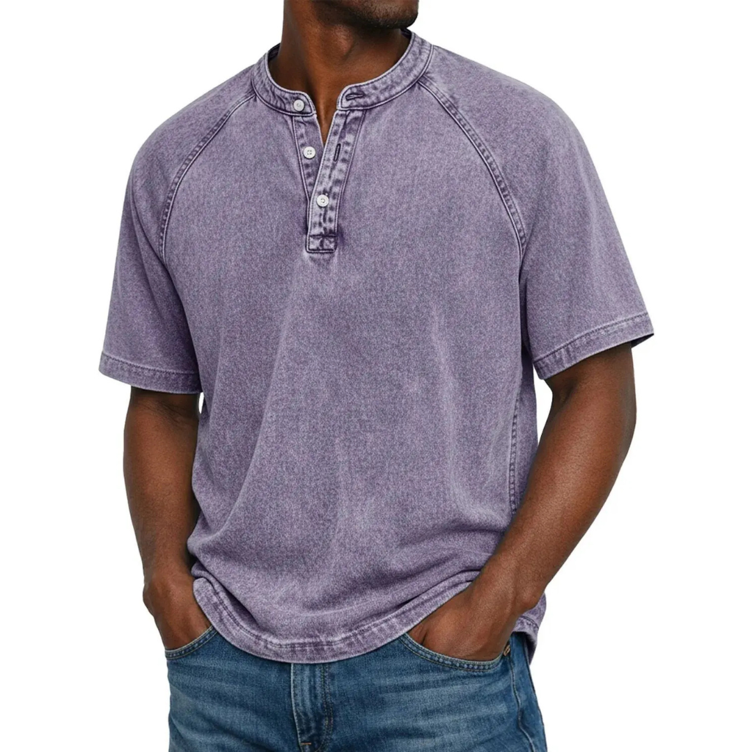 Heren henley met korte mouwen | Vintage gewassen T-shirt met knoopsluiting
