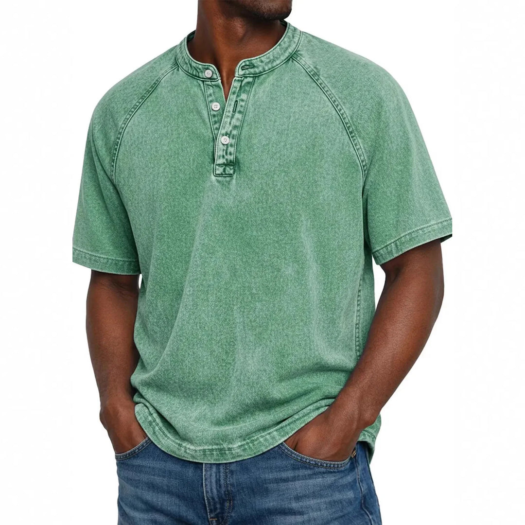 Heren henley met korte mouwen | Vintage gewassen T-shirt met knoopsluiting