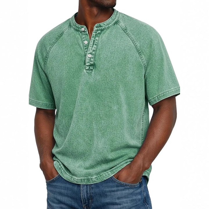 Heren henley met korte mouwen | Vintage gewassen T-shirt met knoopsluiting