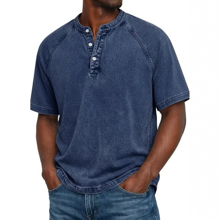 Heren henley met korte mouwen | Vintage gewassen T-shirt met knoopsluiting
