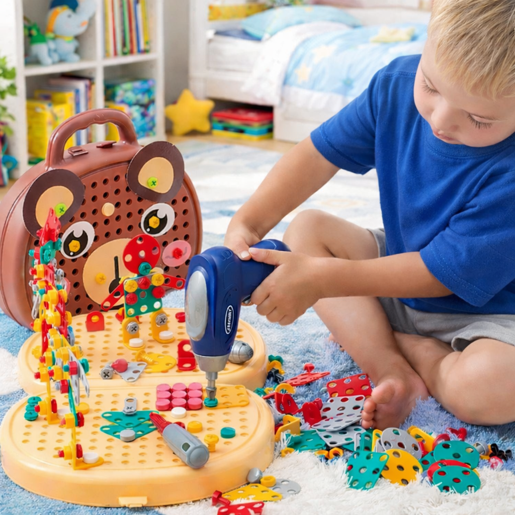 Montessori gereedschapskistset voor kinderen met speelgoedboor, 204 stukjes