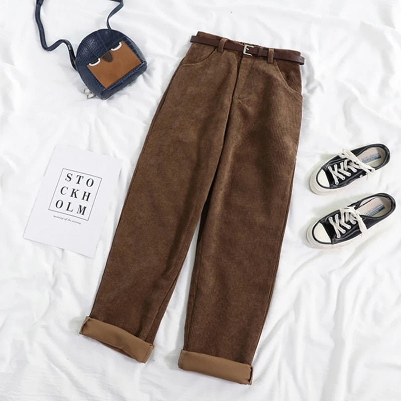 Corduroy Broek voor Dames met Hoge Taille en Relaxte Pasvorm