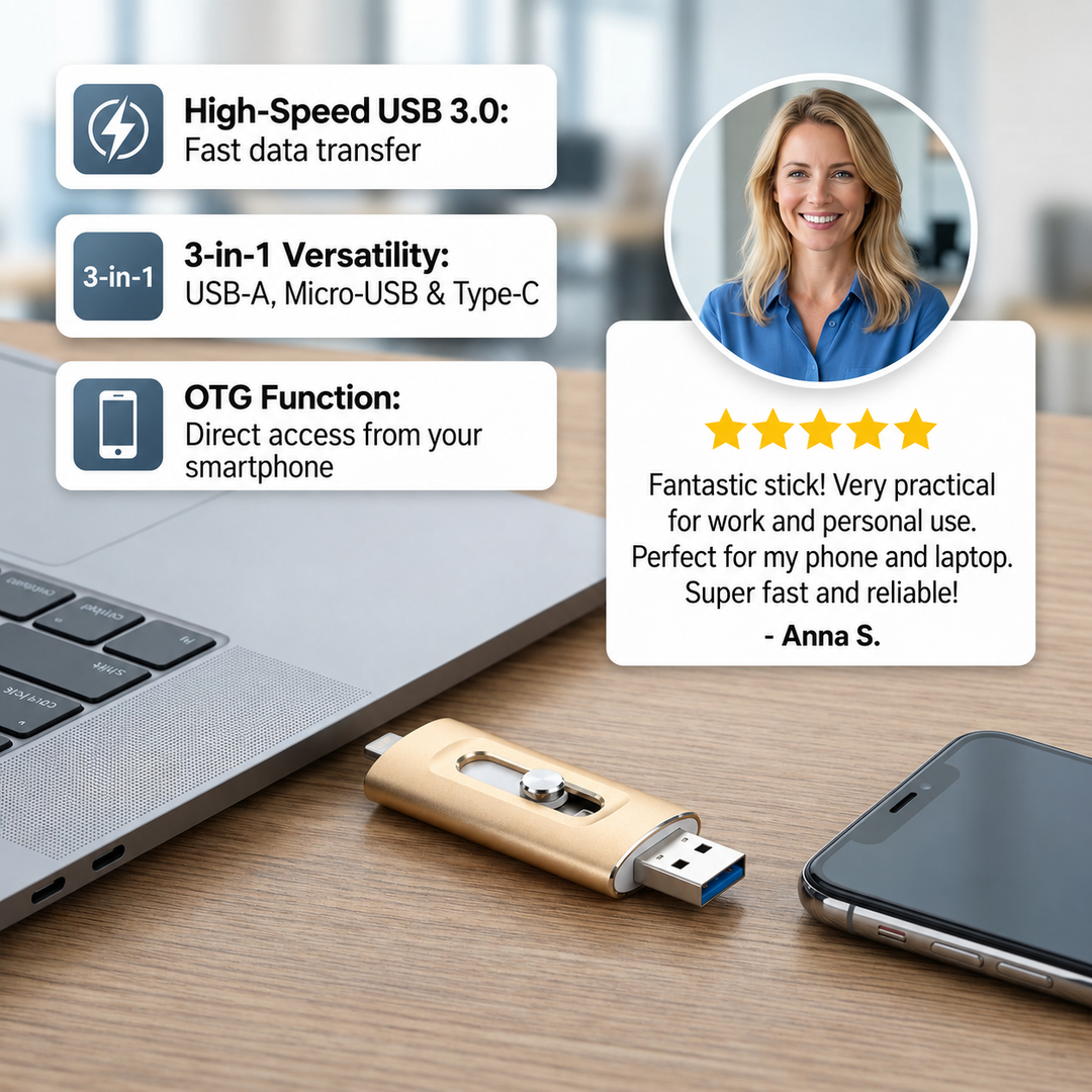 3-in-1 USB-stick | USB 3.0 high-speed met Type-C- en OTG-adapter