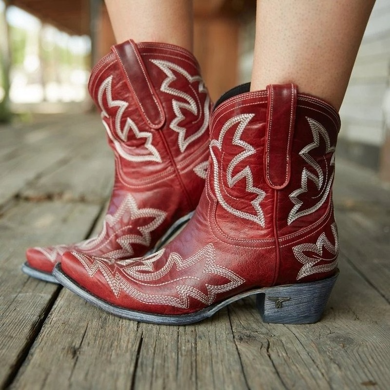 Geborduurde leren cowboy-enkellaarsjes – Dakota Herfsteditie