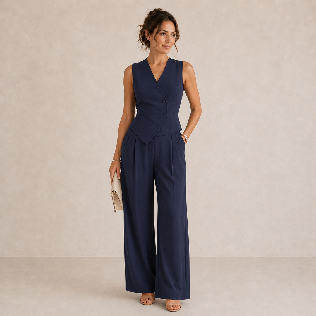 Dames: getailleerd vest en broek met wijde pijpen als set – outfit voor kantoor en bijzondere gelegenheden