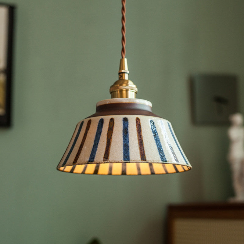 Vintage handbeschilderde keramische hanglamp met stoffen snoer