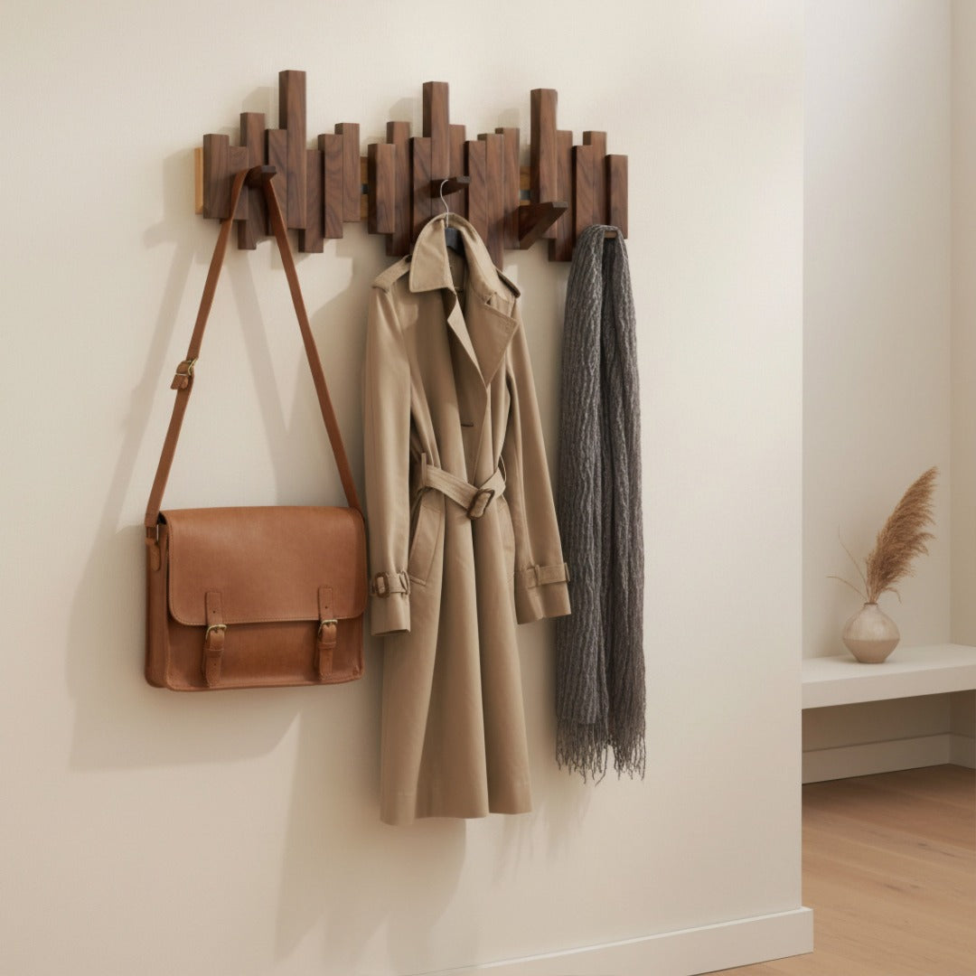 Houten wandkapstok "Piano" met klapbare haken – hal & slaapkamer