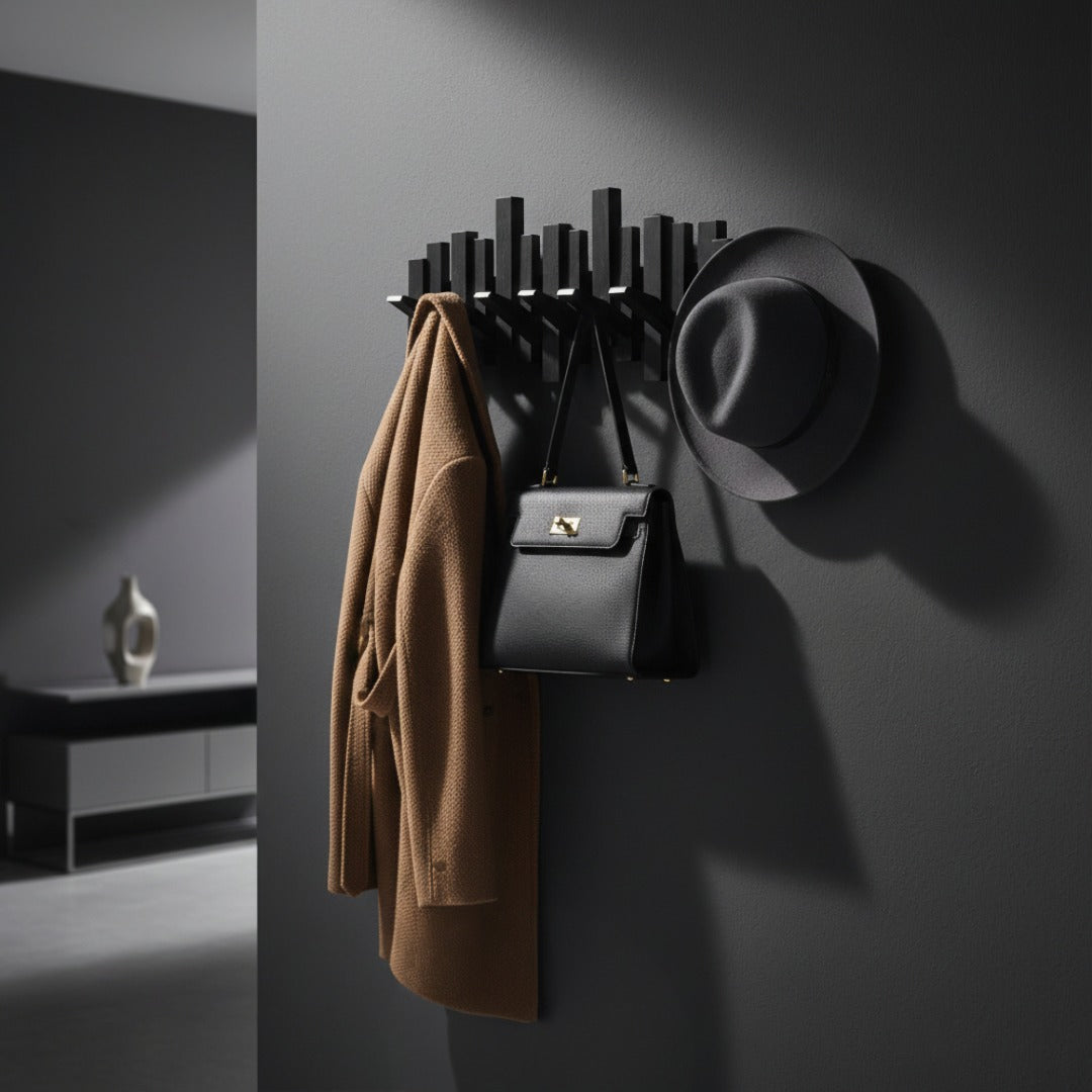 Houten wandkapstok "Piano" met klapbare haken – hal & slaapkamer
