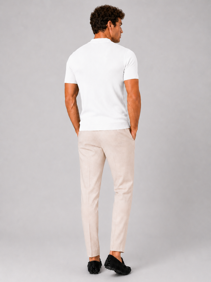 Heren-rib-T-shirt met opstaande kraag – getailleerde stretch top met korte mouwen