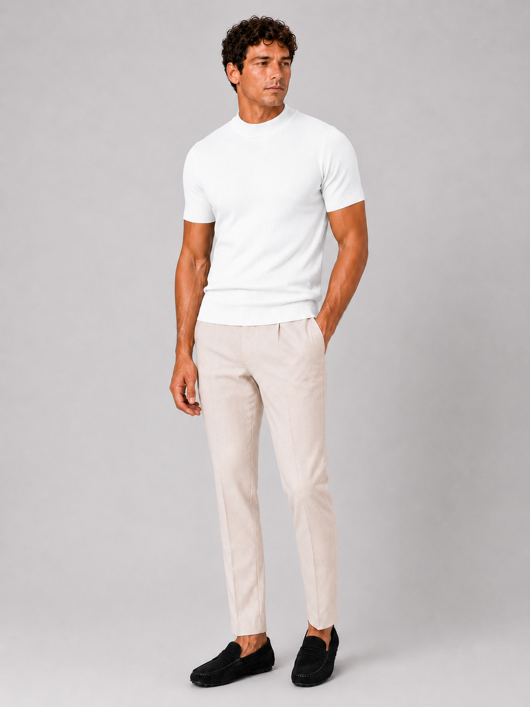 Heren-rib-T-shirt met opstaande kraag – getailleerde stretch top met korte mouwen