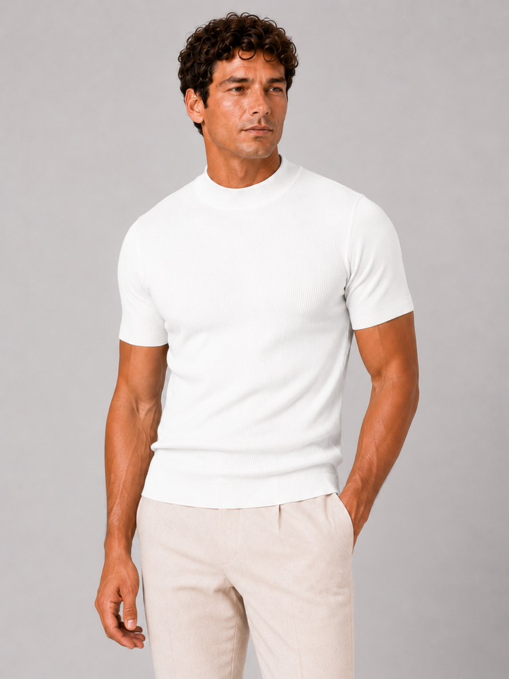 Heren-rib-T-shirt met opstaande kraag – getailleerde stretch top met korte mouwen