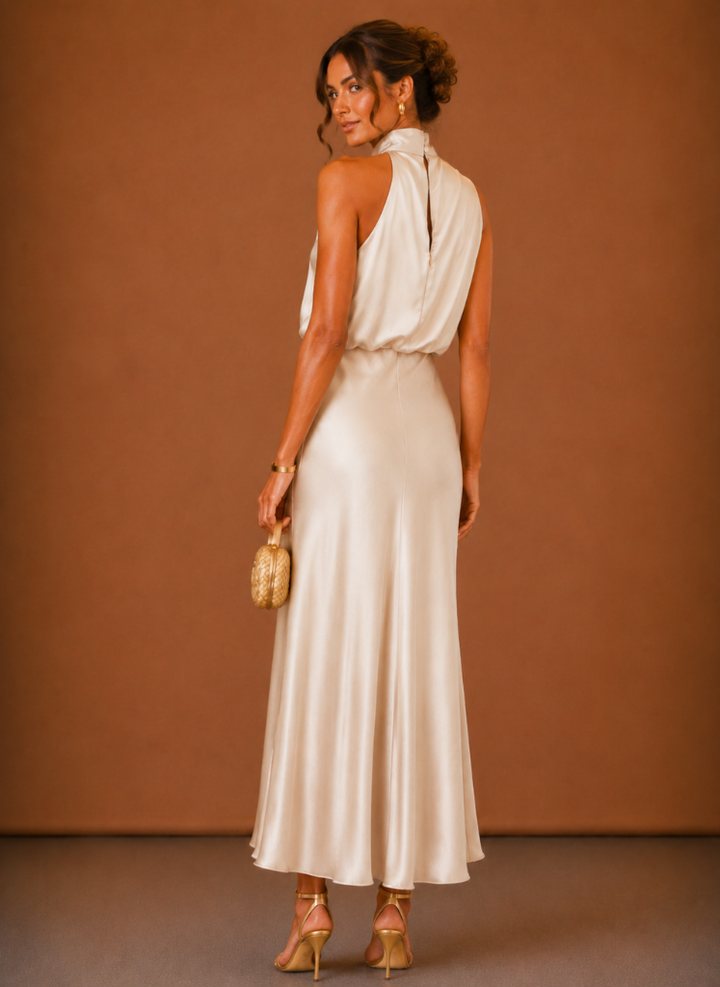 Satijnen maxi-jurk met halter voor dames – elegante jurk voor bruiloftsgasten